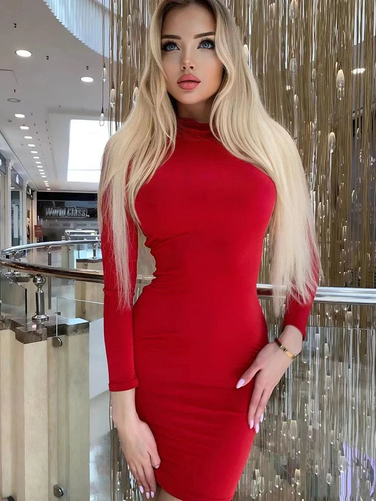 New Arrival Turtleneck Long Sleeve Skinny Mini Dress Sexy Skirt Dresses Women Elegant Chest Slim Pleated Dress