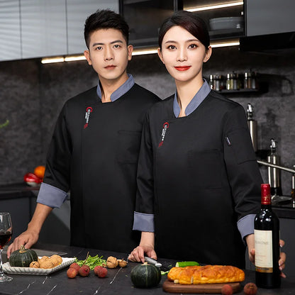 Men Long Sleeve Chef uniform Restaurant chef jacket with apron Cook Coat Chef T-shirt Work Uniform Waiter Hotel Clothes Logo