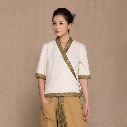 Women's Spa Therapist Massage Uniform Thai Style Cotton Linen Restaurant Work Clothes Set for Waiters Waitresses Thailand