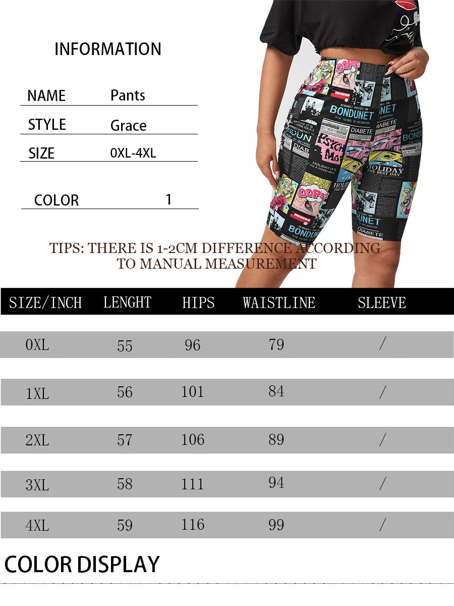 Finjani Women's Plus Size Shorts Allover Cartoon Print Sports Shorts High Waist Casual Sports Shorts For Autumn & Summer