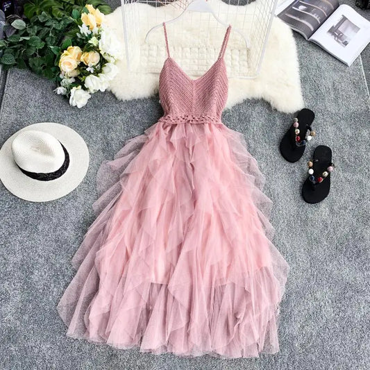 Summer Sleeveless Sling Gauze Tulle Dress Women knit V-neck Sexy Backless Long Dresses Sweet Mesh Pink Party Dress Vestidos