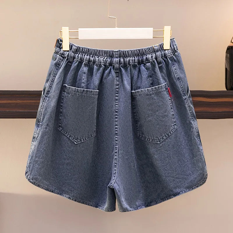 150Kg Plus Size Women's Elastic Waist Denim Shorts Summer Hip 152 Loose Wide-Leg Slit Hot Pants Blue 5XL 6XL 7XL 8XL 9XL