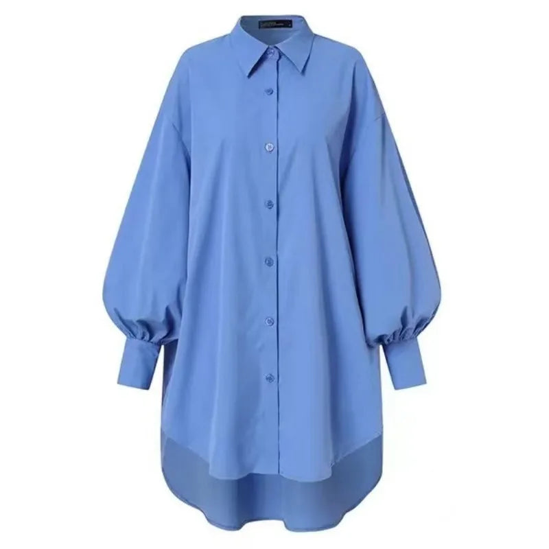 New fashion temperament women's 100% cotton plus long lapel puffy sleeve irregular hem shirt