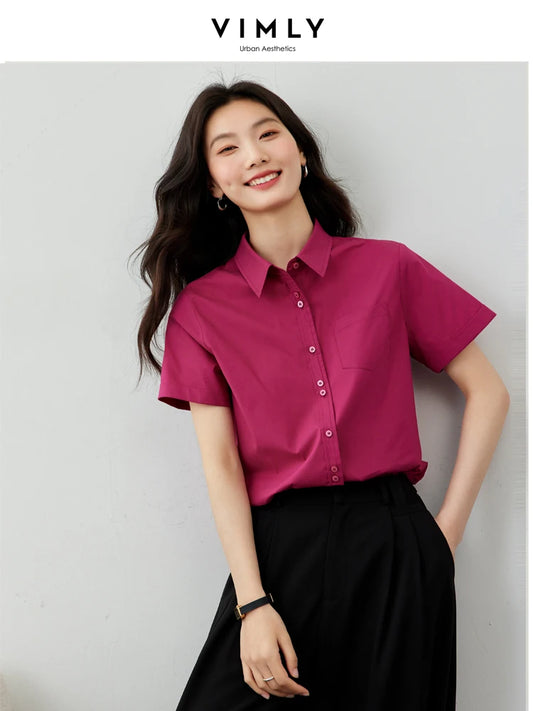 Vimly Cotton Blend Button Up Shirt for Women  Autumn Pointed Collar Long Sleeve Straight-cut Shirts & Blouses Workwear M3536