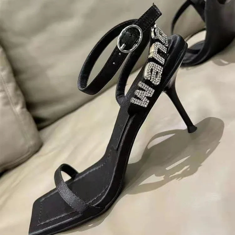 Black high-heeled sandals one-line buckle summer new diamond-lettered square high heels for women slim with sexy everything