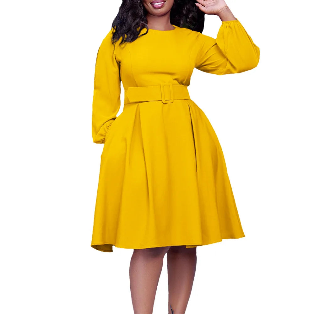 Office Lady A-line Dress African Long Dresses for Women Autumn Sale Evening Party High Waist Robe Femme Plus Size Ladies