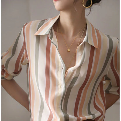 Stripe Women Shirt Satin Vintage Shirt for Women  Autumn Clothes Korean Fashion Shirts and Blouses Basic Elegant Womens Tops