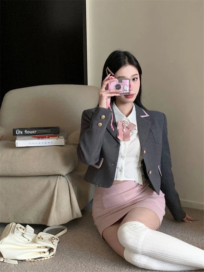 Spring 2024 Korean Uniform Set Girls Preppy Style Daily Casual JK Uniform Grey Short Suit Coat Slim Shirt Pink Wrap Hip Skirt