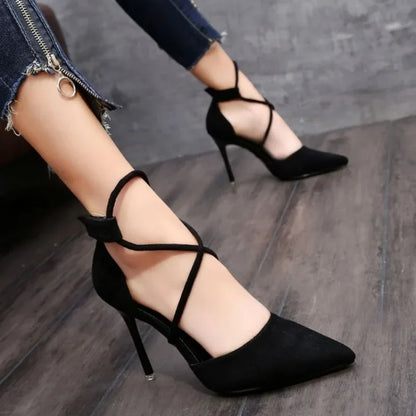 2024 New Cross-strap Roman Sandals Suede High Heels Women's Shoes One-line Buckle Fine Heel Pointed Sandals Zapatos De Mujer