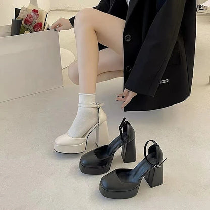 Mary Jane Shoes Women 2023 New Spring Autumn Thick Heels High Heels Waterproof Platform Hollow Luxury Brand Women's Shoes Pumps