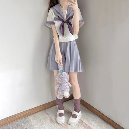 Japanese Korean Style Cute New 2 Piece Set Women Student JK Uniform Crop Sailor Top Cosplay Costumes Girls Pleated Sailor Skirt