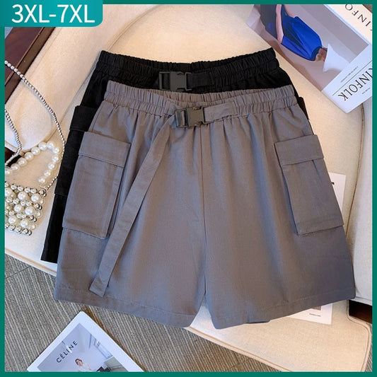 New  Ladies Summer Plus Size hot pants For Women Large Size Loose Black Gray Cotton Belt Pocket Shorts 3XL 4XL 5XL 6XL 7XL