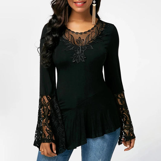 Plus Size Sexy Womens Autumn Winter Solid Pullover Long Flared Sleeve T-shirt Ladies Printed Tunic Tops Blouses Clothing 2023