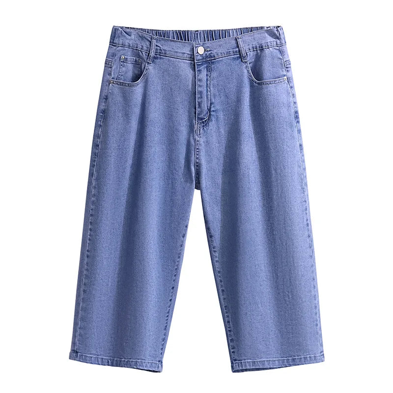 155Kg Plus Size Women Hip 150 Summer Loose Denim Capris High Waisted Straight Stretch Wide Leg Pants 4XL 5XL 6XL 7XL 8XL 9XL