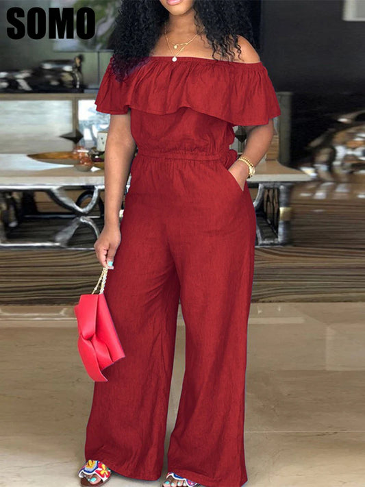 SOMO Plus Size Shawl Sleeve Romper Women Jumpsuit Bodysuit Fashion Solid Wide Leg Pant Jumpsuit Overalls Wholesale Dropshipping