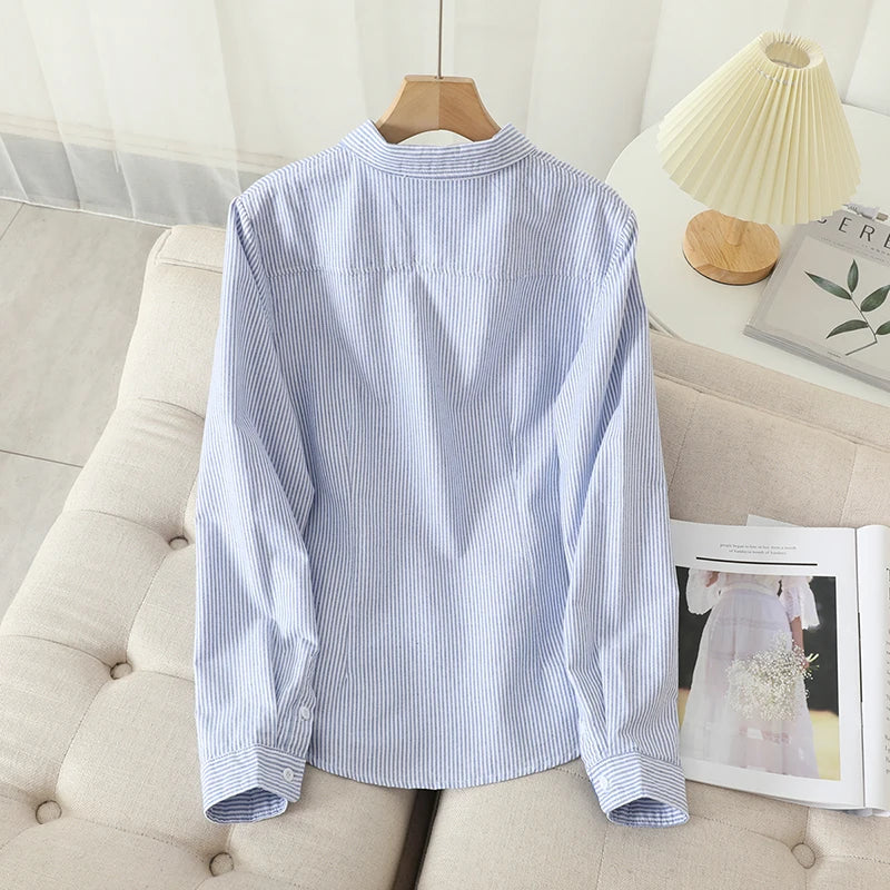 Casual Cotton Women's Oxford Shirt 2022 Autumn New Good Quality Woman Blouse and Tops Lady White Blue Striped Shirts Clothes