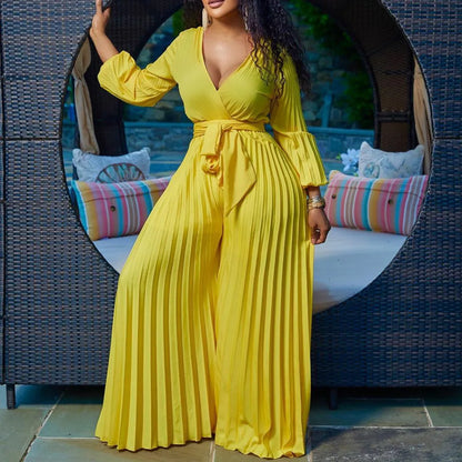 Plus Size Pleated Jumpsuit Female Casual Loose Elegant Clothing Women One Piece Outfit 2023 Autumn Fashion Wide Leg Pants