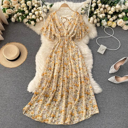 Retro Floral Print Ruffle Chiffon Elegant Midi Dress A-line V Neck Beach Vacation Dress Women Korean Fashion Summer Vestidos