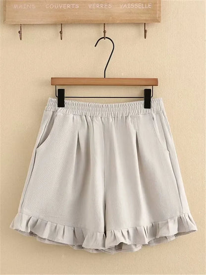 Plus Size Women's Clothing Summer Elasticated Waist Shorts Pleated Trim At The Bottom Of The Leg Thin Non-Stretch Solid Shorts