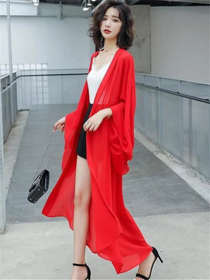 White Black Red Kimono Ladies Sun-protective Women Blouse Summer Batwing Sleeve Long Chiffon Blouse Shirt Loose Kimono Cardigan