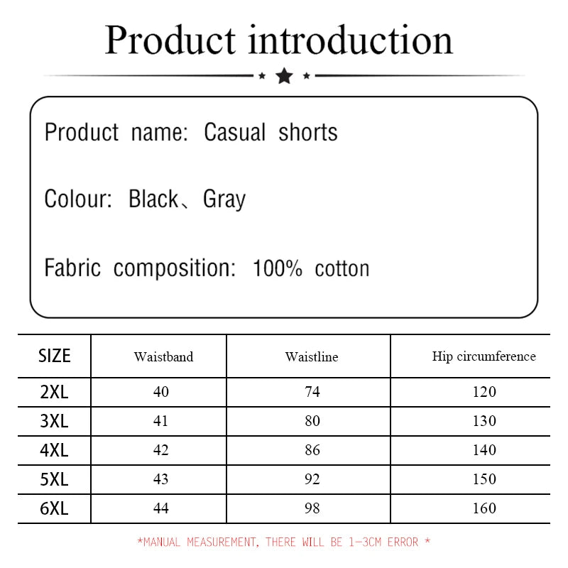 Plus-size women's summer casual shorts Black gray cotton fabric high-waisted shorts Elastic waist design belt double pockets