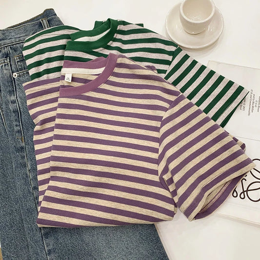 Summer Short Sleeve Striped T-Shirts Versatile Women Knitted Basic Casual Tops Female Cozy Loose Cotton Tees Harajuku Shirt