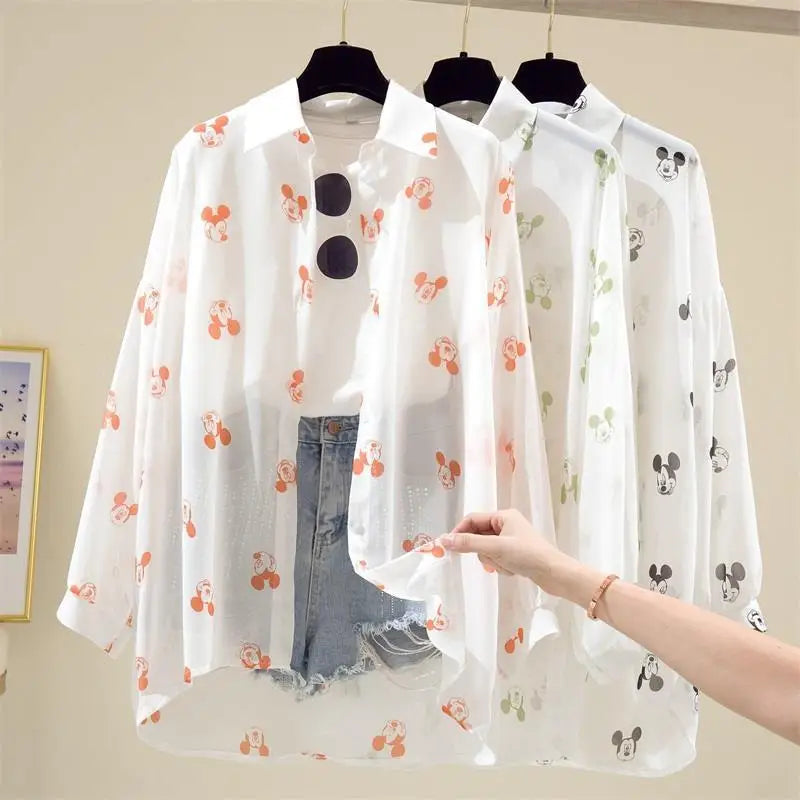 New Blouse Ladies Long Sleeve Women Shirt Beach Shirts Kawaii Cartoon Summer Disney Clothes Cover-Up Top Casual