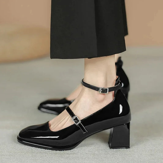 2024 New Women's Mary Janes Shoes High Quality Leather Shoes for Women Square Toe Shallow Buckle Strap Women's Shoes sandalias