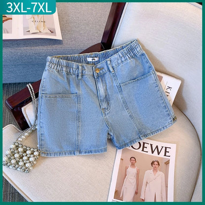 New  Ladies Summer Plus Size hot pants For Women Large Size Loose Blue Cotton Pocket Denim Shorts 3XL 4XL 5XL 6XL 7XL