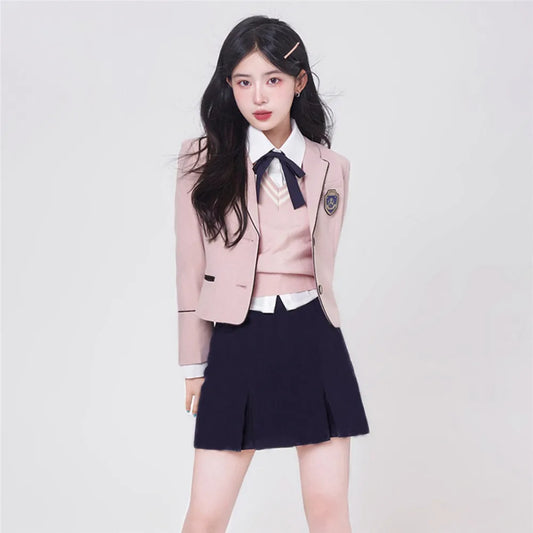 Gangnam College Style Pink Suit Korean JK Uniform Blazer Suit Girls Sheath Dress Women's Spring Autumn Blazer Hip Skirt Sets