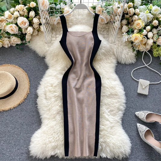 Summer Women's Knitting Sheath Letters Tank Dress Female Bodycon Knitted Camisole Sleeveless Patchwork Mini Dresses For Woman