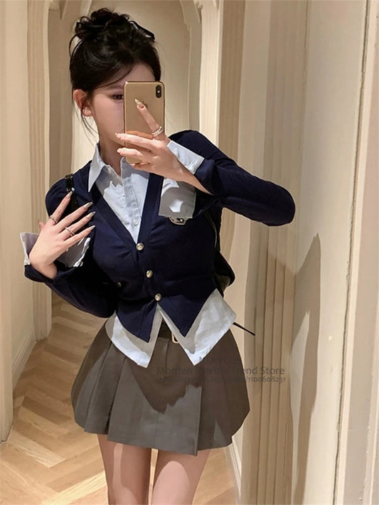 Preppy Style 2024 New Spring Women Korean JK Uniform Set Long Sleeve Navy Mock Two-Piece Shirt Top Jacket A line Skirt Suit Girl