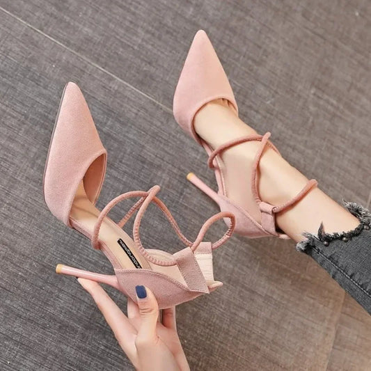 2024 New Cross-strap Roman Sandals Suede High Heels Women's Shoes One-line Buckle Fine Heel Pointed Sandals Zapatos De Mujer