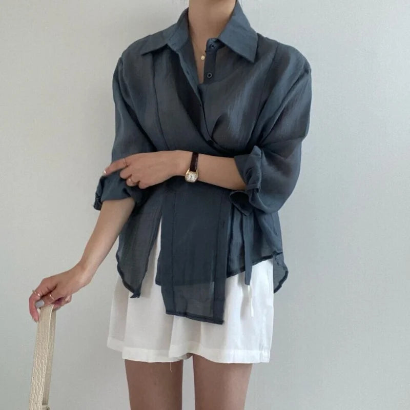 Office Lady Chic Loose Long Sleeve Blouse Clothing Blue Sunscreen Women Shirt 2024 Fashion Elegant Casual Button Tops 15674