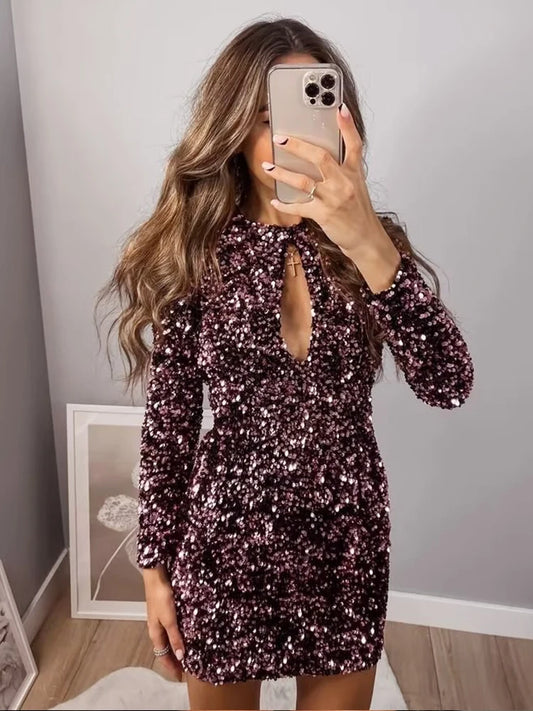 Sexy Women Sequined Mini Dress Long Sleeve Backless Casual Dresses O Neck Bodycon Backless Party Club New Year Dress Vestidos