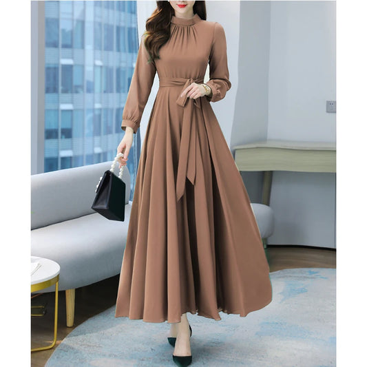 Spring Autumn Maxi Dresses Fashion Female Vintage Full Sleeve Solid A-line Casual Chiffon Dress Women Long Dresses Muslim Dress