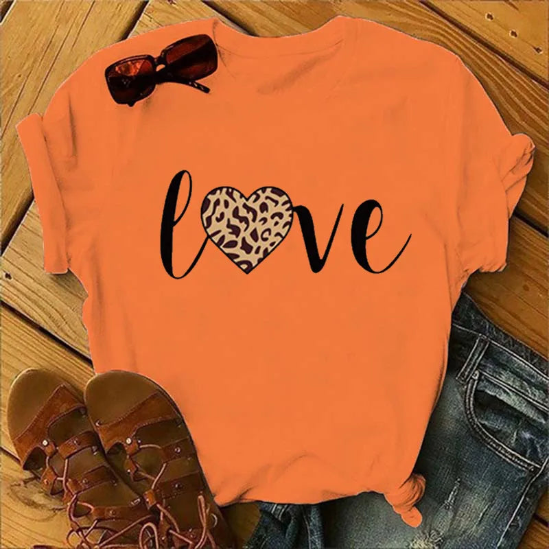 Leopard Love Print Women T Shirt Short Sleeve O Neck Loose Women Tshirt Ladies Fashion Tee Shirt Tops Clothes Camisetas Mujer