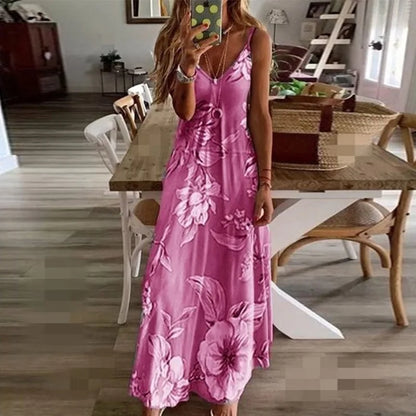 Lady Spring Summer Dress Floral Print V-Neck Strap Long Dresses Casual Bohemian Sleeveless Women Summer Beach Travel Party Wear