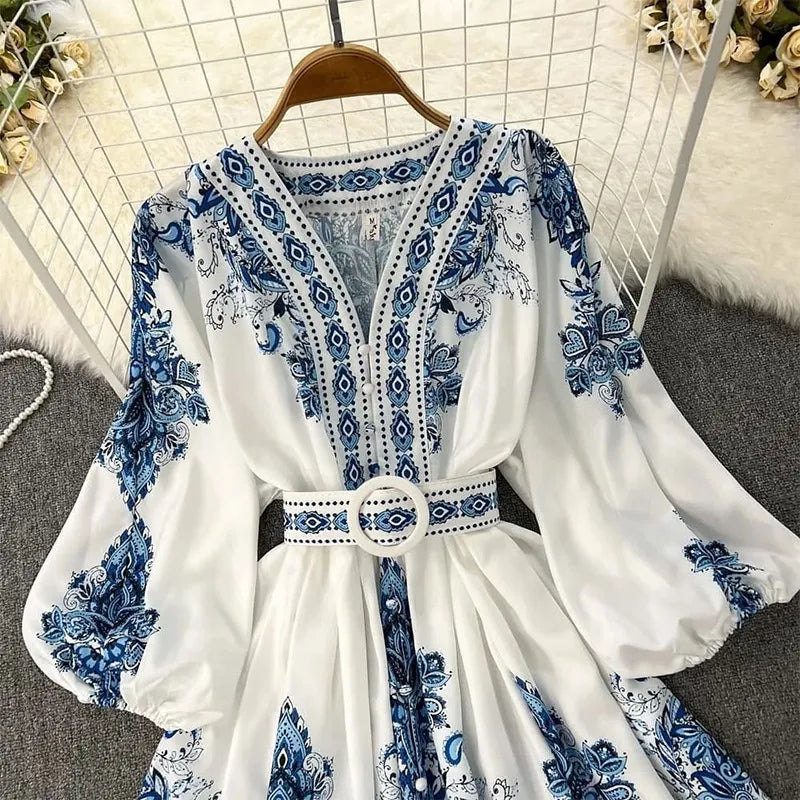 Women Bohemian Dress  Spring Summer Print Long Lantern Sleeve V Neck Corset Slim Button Pleated Dress Women Vacation Dress