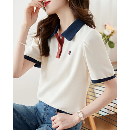 New 2024 Summer Women T Shirt Cotton Elegant Style Zipper Neck Fashion Office Lady Top Short Sleeve Polo For Women Plus Size