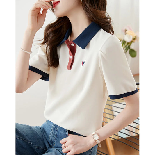 New 2024 Summer Women T Shirt Cotton Elegant Style Zipper Neck Fashion Office Lady Top Short Sleeve Polo For Women Plus Size