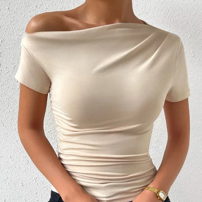 Solid One Shoulder T-shirt, Elegant Short Sleeve Ruched Top For Spring & Summer, Women's Clothing