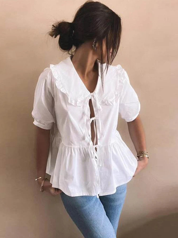 White  Lace Up Short Puff Shirts Women's Summer Sleeve Sweet Peter Pan Collar Blouse Female Elegant Street Lady Pleated Chic Top