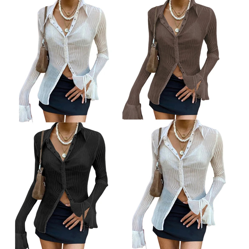 Xingqing Vintage White Folds Cute Y2K Shirts Women Elegant Fashion Flared Sleeve Button Tops See Through Sexy Mesh E Girl Tees