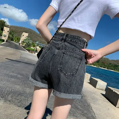 Shorts Women Black Gray Denim Shorts For Women Summer High Waist  Loose Ropa Mujer