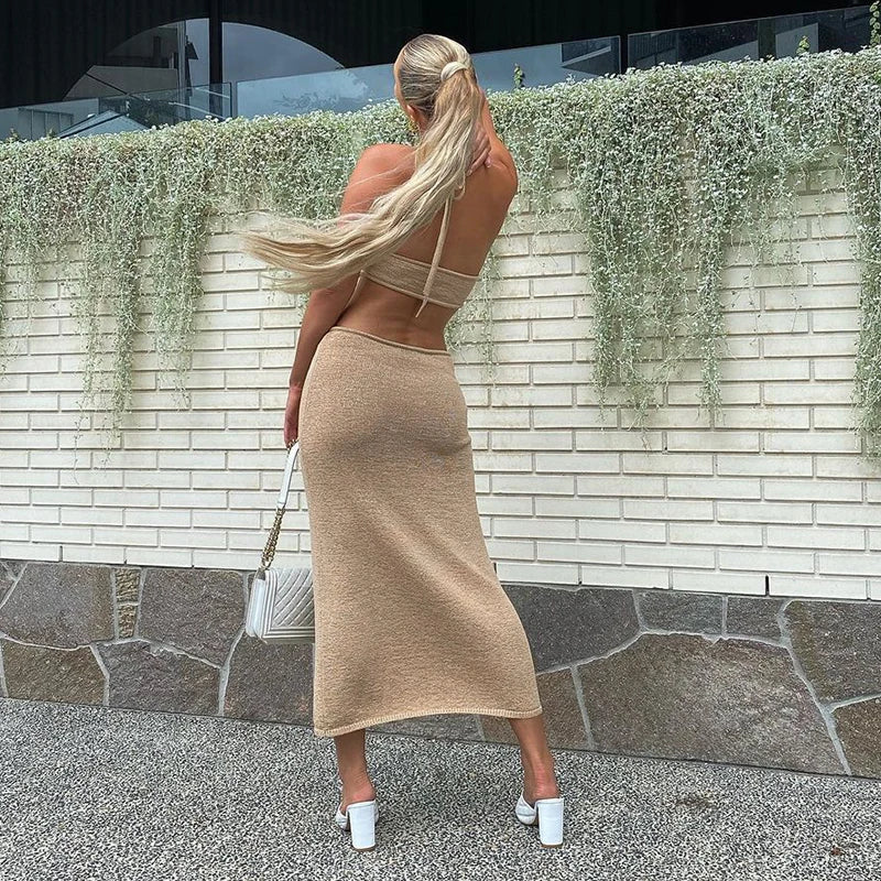 Sexy Summer Vacation Outfits Knitted Halter Maxi Dresses for Women 2023 Elegant Dress Sets Holiday Beach Sundresses JY21056PF