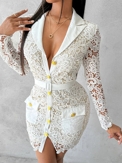 Women Elegant Dress Offices Hollow Out Pocket Design Button Lace Shirt Dresses Female Lace Vestidos Lady Patry White Clothes