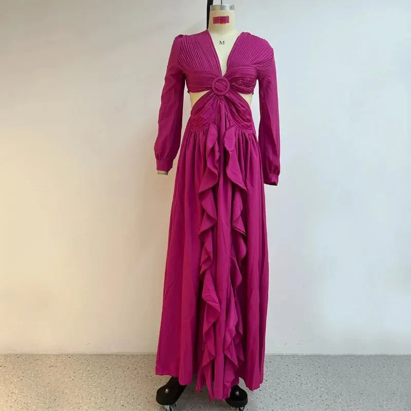 Autumn Women Long Dress Elegant Fashion Solid Lantern Sleeve Hollow Out With Ring Cross Pleated Ruffled Long Dresses Party Dress