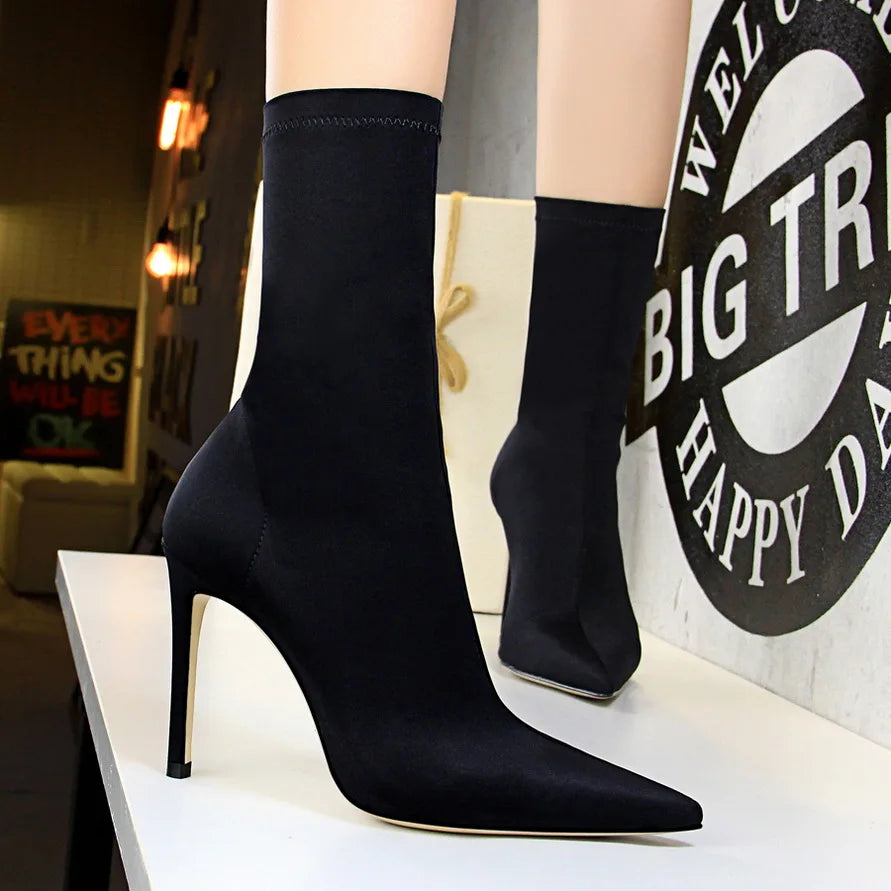 Women 7.5cm 10cm High Heels Silk Sock Boots Green Low Heels Short Ankle Boots Lady Stripper Winter Pointed Toe Satin Sexy Shoes