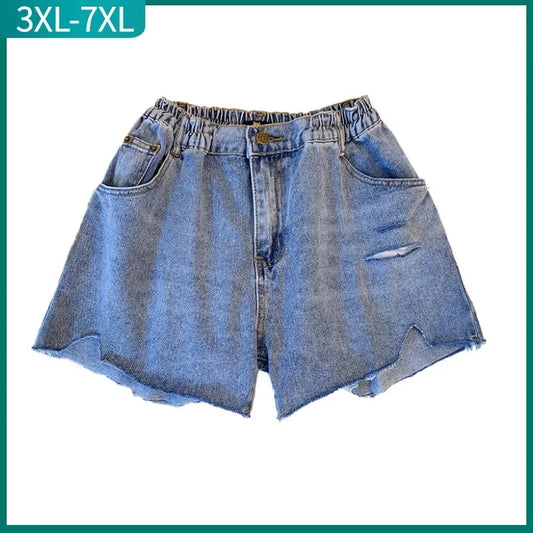 New Ladies Summer Plus Size hot pants For Women Large Size Loose Blue Cotton Hole Pocket Denim Shorts 3XL 4XL 5XL 6XL 7XL